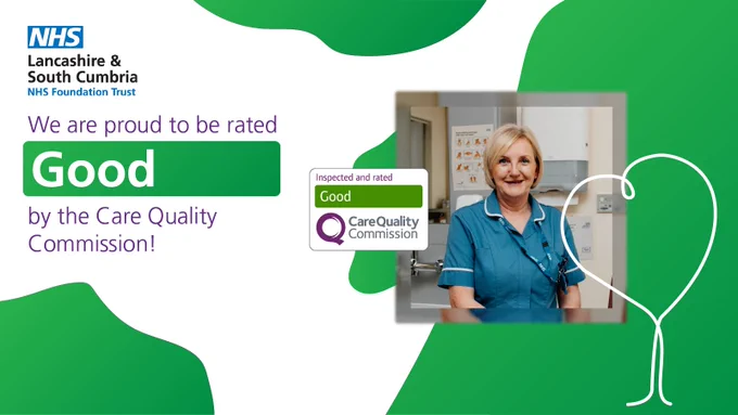 Physical health nurse in uniform towards the right hand side of the image with green background and white love heart
Text reads: we are proud to be rated good by the care quality commission!