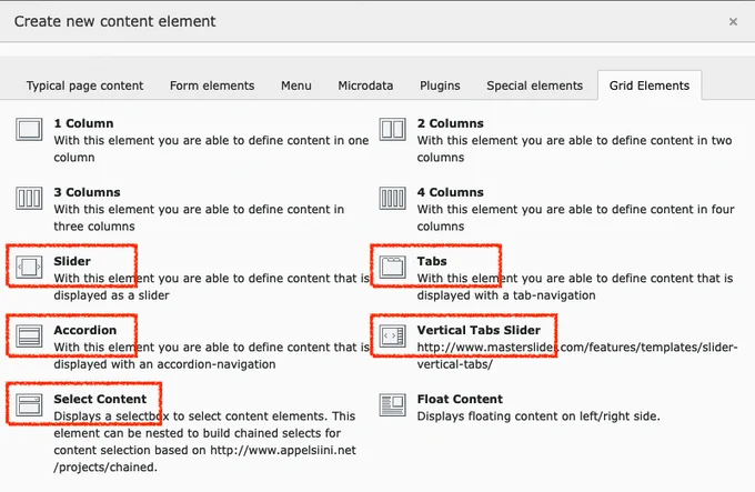 Screenshot from a customer project of various nested content elements based on EXT:gridelements.