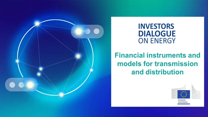 Investors Dialogue on Energy visual identity in blue colours. The image caption reads Investors dialogue on energy. Financial instruments and models for transmission and distribution.