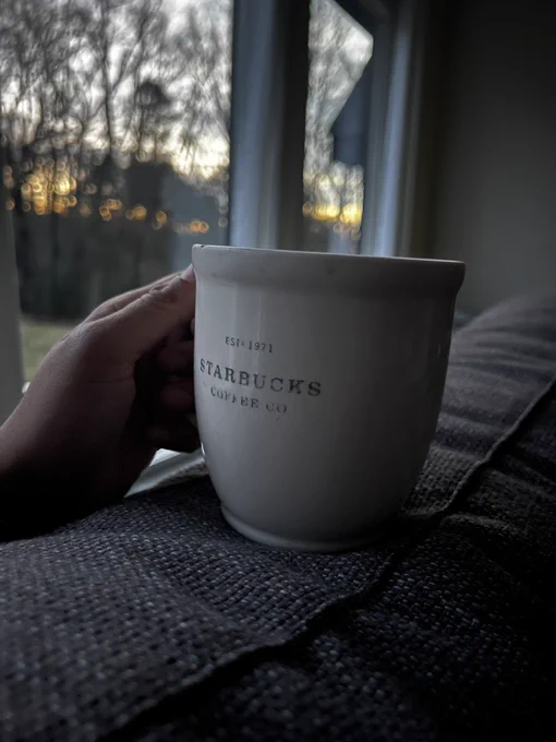 A hand holds an old porcelain mug with faded Starbucks writing on the back of a sofa. In the background through the window the morning sun can be seen peaking out behind the trees.