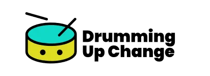 Logo of a yellow and green drumkit with eyes next to text that says Drumming Up Change 
