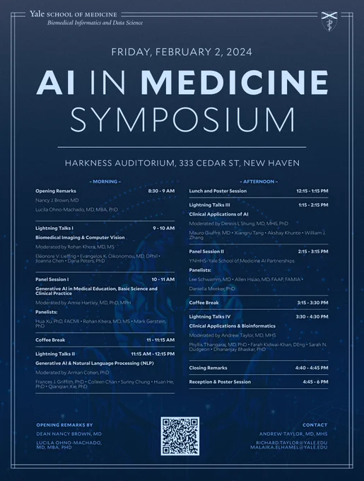 Dark blue poster with the full AI in Medicine Symposium agenda. Exceeds the character limit for alt text but available in text form at the link in the tweet.