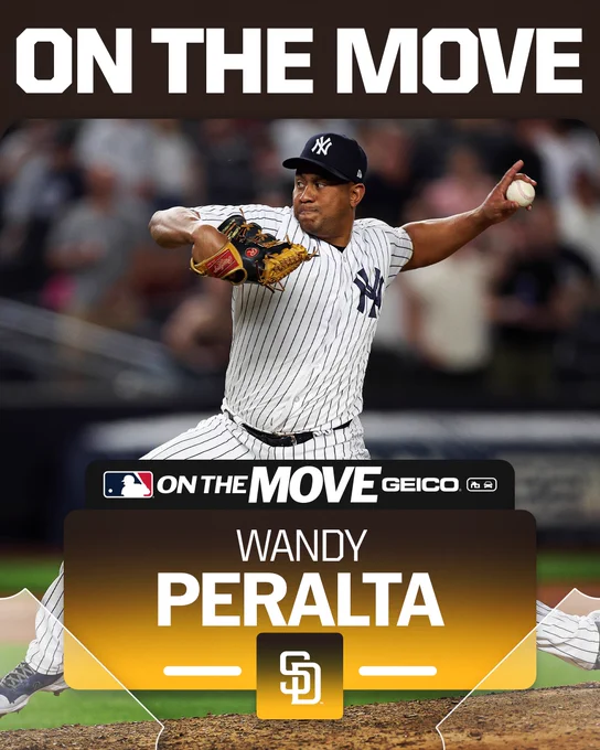 On The Move: Wandy Peralta, Padres
Pictured: Peralta delivers a pitch in a home white Yankees uniform with navy blue lettering.
On The Move presented by Geico
