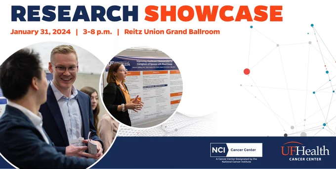 Research Showcase graphic with photos of researchers and text that reads January 31, 2024. 3 to 8 p.m. Reitz Union Grand Ballroom.