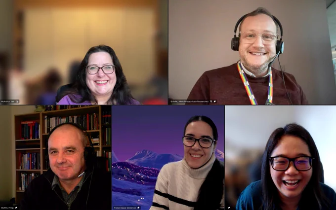 A screenshot of an online meeting between 5 people - Jan, John, Phil, Franci and Puiyin. Everyone is smiling.