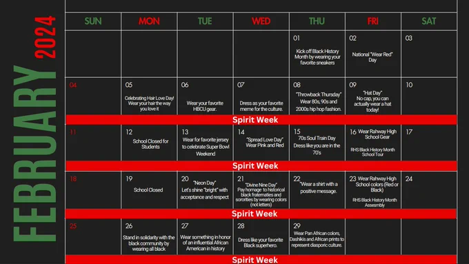 Black History Month Calendar with themed dates for Rahway High School.