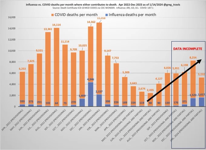 Bar graph showing monthly COVID deaths vs. monthly flu deaths in the U.S. COVID bars are much much much larger. The whole graph is basically yellow and hardly any blu.