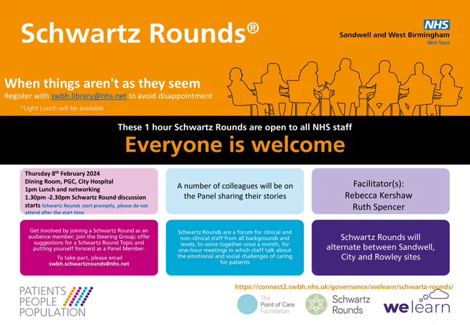 Thursday 8th February 2024
Dining Room, PGC, City Hospital
1pm Lunch and networking
1.30pm -2.30pm Schwartz Round discussion starts Schwartz Rounds start promptly, please do not attend after the start time