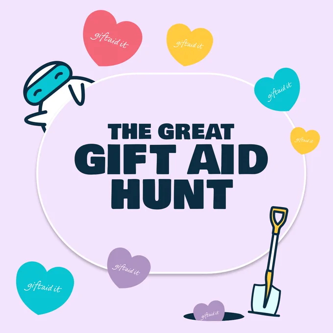 image shows Swiftaid's mascot, Swifty, peeking out from behind a sign that reads, 'The Great Gift Aid Hunt.' His spade rests at the front of the sign, ready to hunt for Gift Aid!
