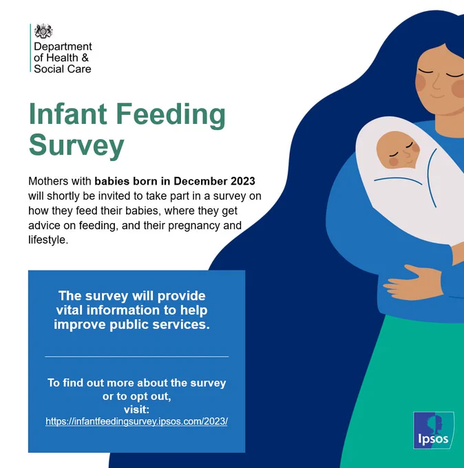 A graphic with an illustration of a woman holding a baby and the title Infant Feeding Survey.

Mothers with babies born in December 2023 will shortly be invited to take part in a survey on how they feed their babies, where they get advice on feeding, and their pregnancy and lifestyle. The survey will provide vital information to help improve public services.