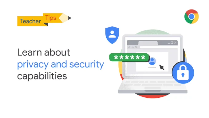 Laptop screen with security icons surrounding it and the Chromebook logo on the top corner. Text reads: Learn about privacy and security capabilities