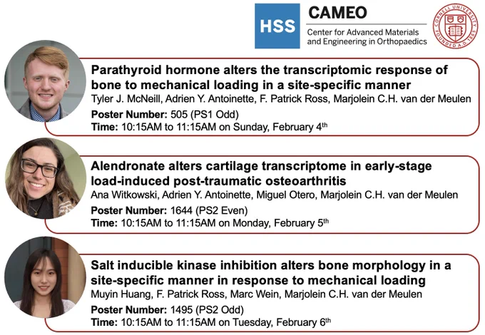 Tyler’s poster entitled “Parathyroid hormone alters the transcriptomic response of bone to mechanical loading in a site-specific manner” is in Poster Session 1 (odd) at 10:15AM on February 4, 2024. Ana’s poster entitled “Alendronate alters cartilage transcriptome in early-stage load-induced post-traumatic osteoarthritis” is in Poster Session 2 (even) at 10:15AM on February 5, 2024. Mia’s poster entitled “Salt inducible kinase inhibition alters bone morphology in a site-specific manner in response to mechanical loading” is in Poster Session 2 (odd) at 10:15AM on February 6, 2024.