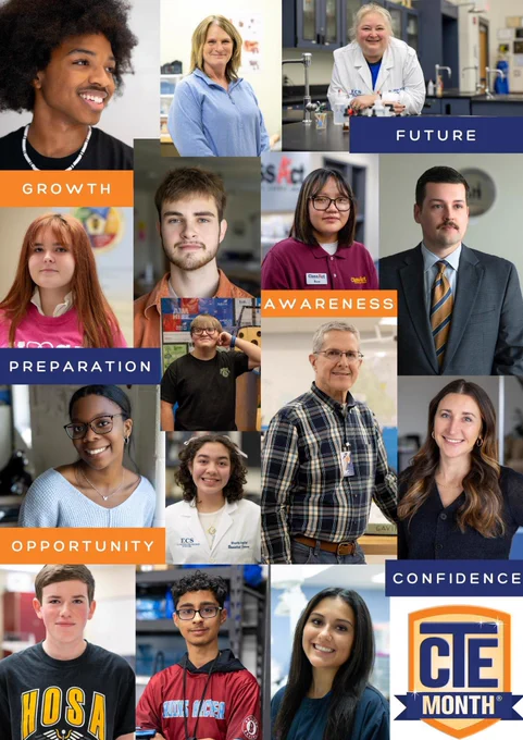 A collage or portraits of CTE students, teachers and business partners.