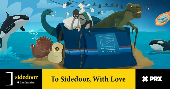 A graphic depiction of a small island in a vast body of water. On the small island there is a large mailbag. Hobbling out of the mailbag on the right side is a dinosaur with a cane. On the left there is a burglar climbing out of the mailbag in a knotted rope. on the island behind the mailbag is another dinosaur. Above the mailbag in the sky are multiple birds resting on electrical wires. On the island next to the mailbag is a turkey and a guitar. To the left of the island, there is an orca hopping out of the water. Finally, on the right of the island there is an incoming meteor and another orca with only its head appearing above the water.  