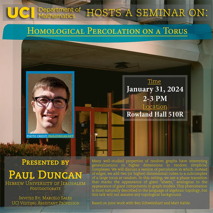 The UCI Math Department hosts a seminar on "Homological Percolation on a Torus" by Paul Duncan from Israel's Hebrew University of Jerusalem. It will be held at Rowland Hall 510R at 2-3 PM. Abstract: Many well-studied properties of random graphs have interesting  generalizations to higher dimensions in random simplicial complexes. We  will discuss a version of percolation in which, instead of edges, we add two (or higher)-dimensional cubes to a subcomplex of a large torus at  random. In this setting, we see a phase transition that marks the  appearance of giant "sheets," analogous to the appearance of giant  components in graph models. This phenomenon is most naturally described  in the language of algebraic topology, but this talk will not assume any topological background. Based on joint work with Ben Schweinhart and Matt Kahle.