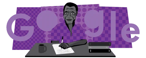 A purple, abstract background behind the Google logo in purple as well. In the forefront there is an illustration of James Baldwin softly smiling sitting at a desk holding a pen. On the desk there is a mug, some papers and a stack of books. 