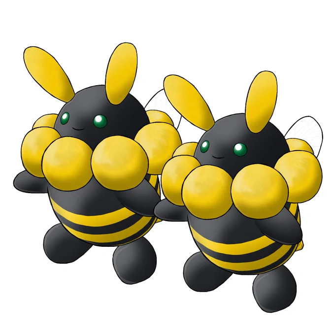 "Equilibeeum are always seen in pairs due to being linked by their latent psychic powers. They live in harmony encompassing areas where honey is easily found in abundance. They love to collect balls of honey that they find and fashion them into precious-looking necklaces that they wear. Because of their favorite food choice, they have an intense rivalry with Ursapops."

