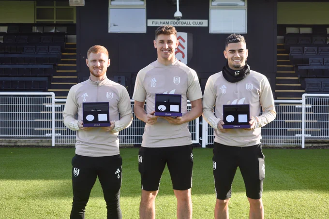 Harrison Reed, Tom Cairney and Andreas Pereira are presented with their awards for hitting 100 appearances.