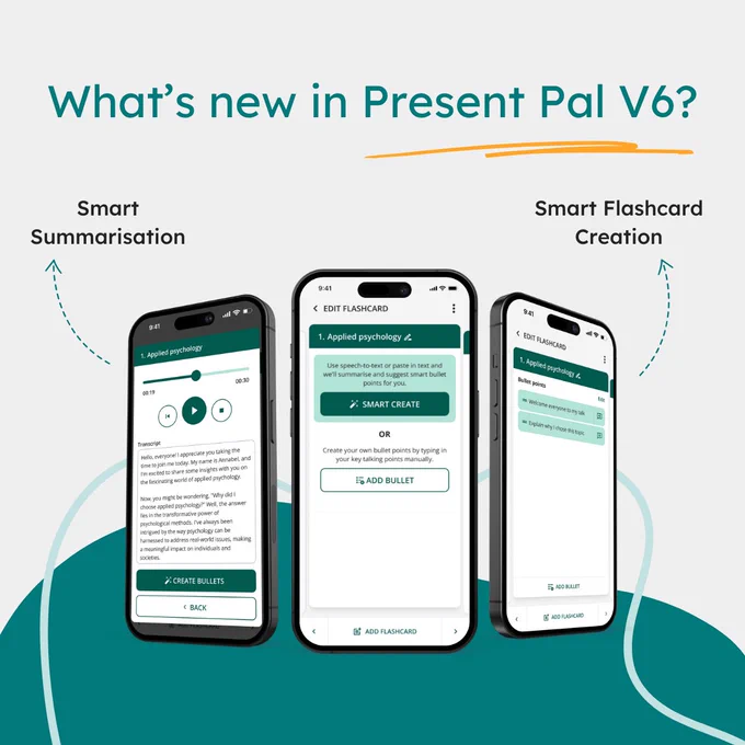 A text-based graphic that showcases the all-new Present Pal V6 Update. In the centre of the image is 3 smartphones with the Present Pal app open on screen. Above the phone text reads: What's new in Present Pal V6? An arrow point on the left hand side points from the phones to a text box and reads: Smart Summarisation. Another arrow on the right hand side points from the phones to a text box and reads "Smart Flashcard Creation". The phones are on a grey and green background.