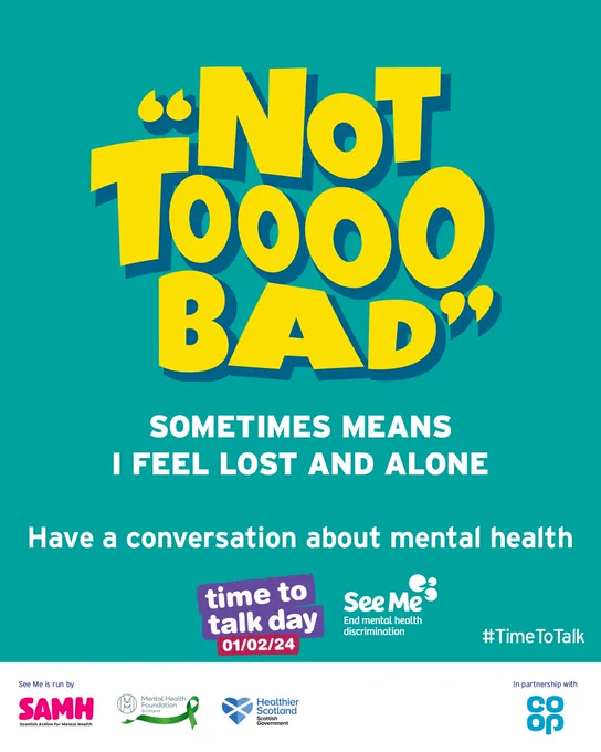 "Not too bad" sometimes means "I feel lost and alone". Have a conversation about mental health this Time To Talk Day