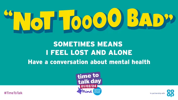 Text says: "Not toooo bad" sometimes means I feel lost and alone. Have a conversation about mental health.