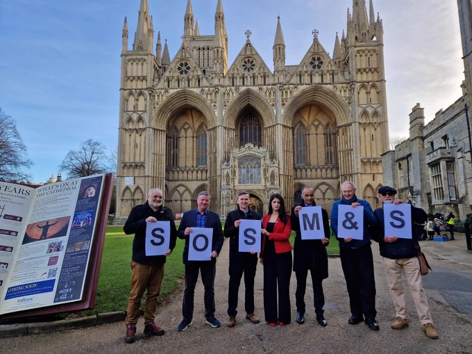L-R: Liberal Democrats leader Christian Hogg, Labour leader Dennis Jones, Labour parliamentary candidate Andrew Pakes, Labour councillor Shabina Qayyum, Council leader Mohammed Farooq, Peterborough Civic Society chair David Turnock, vice chair Toby Woods