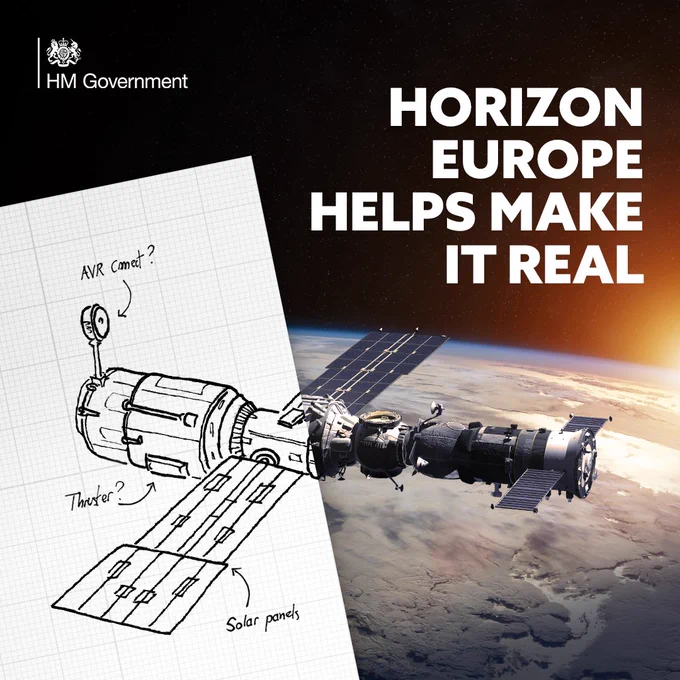 Graphic with HM Government logo, text saying 'Horizon Europe helps make it real' and a picture of a satellite.