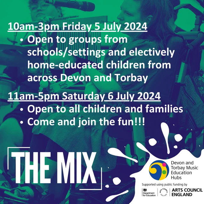 10am - 3pm Friday 5 July 2024
Open to groups from schools/settings and electively home educated children from across Devon and Torbay. 
11am-5pm Saturday 6 July 2024
Open to all children and families. Come and join the fun!!