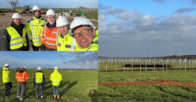 Collage of three pictures. Two pictures on the right show our five collegues on site. A bigger picture on the left shows the solar park in construction.