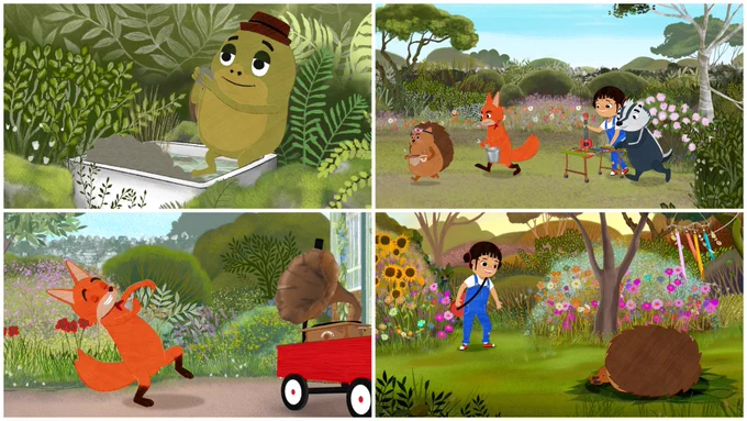 Collage of stills from the animated series Yukee. Frog wearing a hat smiling, Yukee her red ukulele with a badger fox and hedgehog walking through flowers looking determined. A fox dancing with a gramophone playing music. Yukee with her red ukulele surrounded by flowers notices a hedgehog