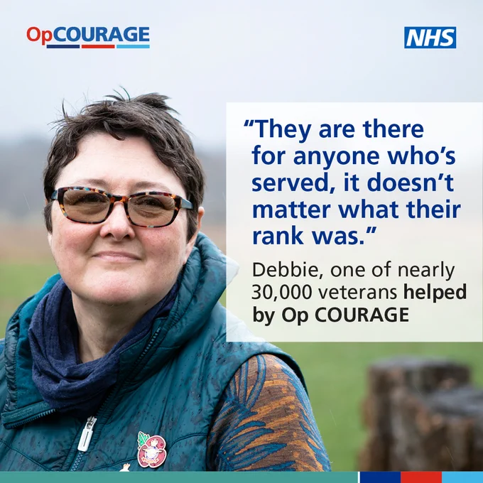 A white woman with short dark hair stands smiling, she is wearing tinted glasses. A quote reads: they are there for anyone who has served. It doesn't matter what their rank was. Text underneath reads Debbie, one of nearly 30,000 veterans helped by Op COURAGE