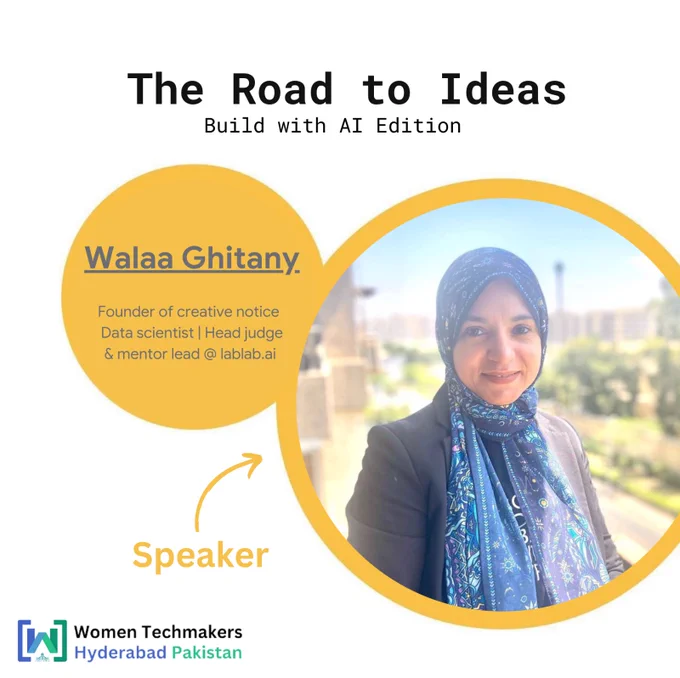 Join us for an enlightening session where Walaa, serving as the Founder of Creative Notice, a skilled Data Scientist/Analyst, Head Judge/Mentor at lablab.ai, Medical Director, and Co-founder of Solouk Clinic specializing in neonatal behavior and a Pediatric Consultant, will guide us through the art of generating ideas, infusing creativity, and mastering the art of pitching to investors and competitions. 🚀💡

#womentechmakers #wtmhyderabad #womenintech #ai #buildwithai #ideasgeneration #pitchingsuccess #aiedition #innovationjourney #excitingevent #workshopannouncement #innovationspeaker