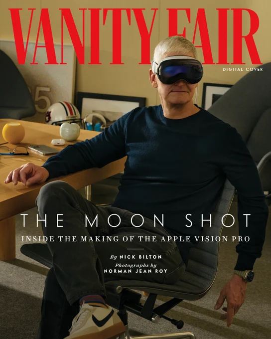 
Photo Credit: Tim Cook pictured for the first time wearing Apple Vision Pro inside his office at Apple HQ. Photographed by Norman Jean Roy. 
