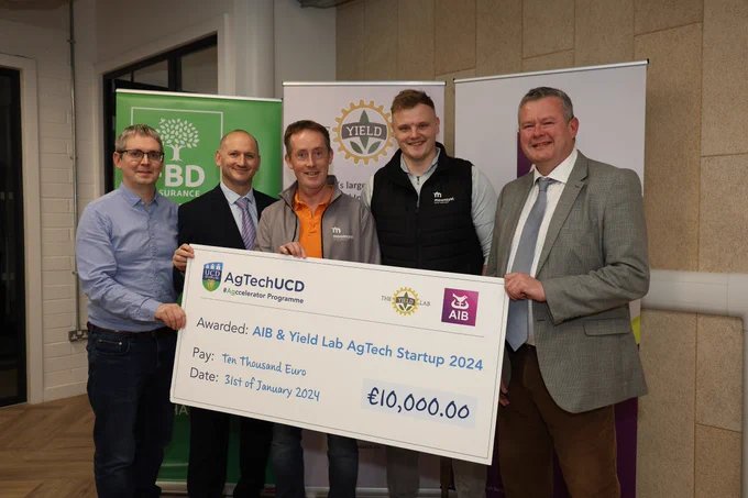 Pictured (l-r) are, David Bowles, The Yield Lab; Liam Phelan, AIB; Desmond Savage, Co-founder, Moonsyst, PJ Maguire, Sales Lead, Moonsyst and Gary Ryan, Director, AgTechUCD.