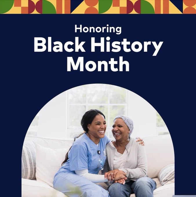A black female healthcare provider hugs patient, text says "Honoring Black History Month."
