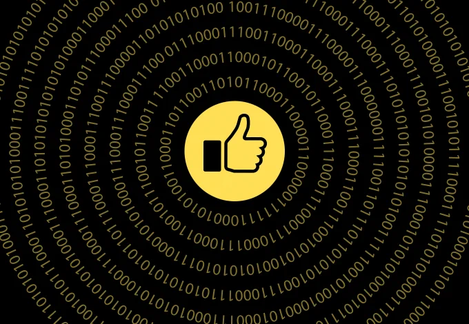 Illustration of thumbs-up icon surrounded by lines of code in circular pattern, as header for article about website personalisation
