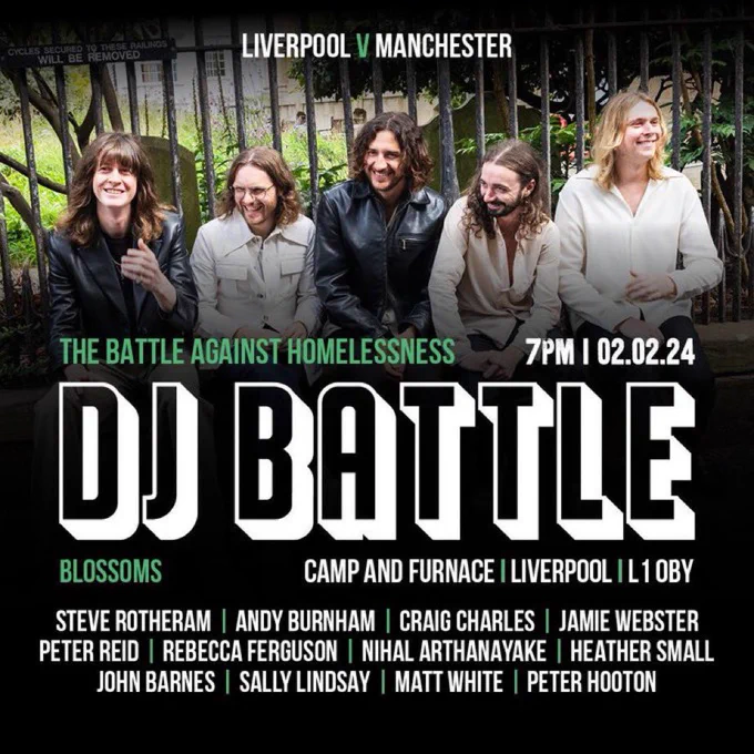 An image of Blossoms band with event details about Mayor Steve Rotheram and Mayor Andy Burnham's DJ battle.