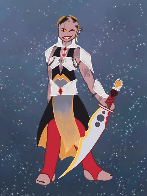 image of Vhas from Rolling With Difficulty in a red black and gold outfit based vaguely on other designs of Vlakith's armour. It has a metal collar, shoulder and hand guards, a protective belt that goes around the waist with a red gem, and plates that hug Vhas's chest from either side. Underneath is a black top with a neckline that goes all the way down to the stomach to show off the vial of blood embedded in his chest and some of the scarring left over from his old armour. He has a long black skirt that wraps around his hips with a grey to gold underside and an extra section in the front that fades from gold. He's holding his new sword, Redemption, which has serrated sections and stylish little holes near the base of the blade. The counterweight is vaguely shaped like a medical vial and filled with sparkling gold liquid. 