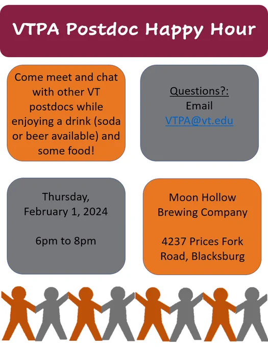 VTPA Postdoc Happy Hour flyer, February 1, 2024, 6pm, Moon Hollow Brewing Company