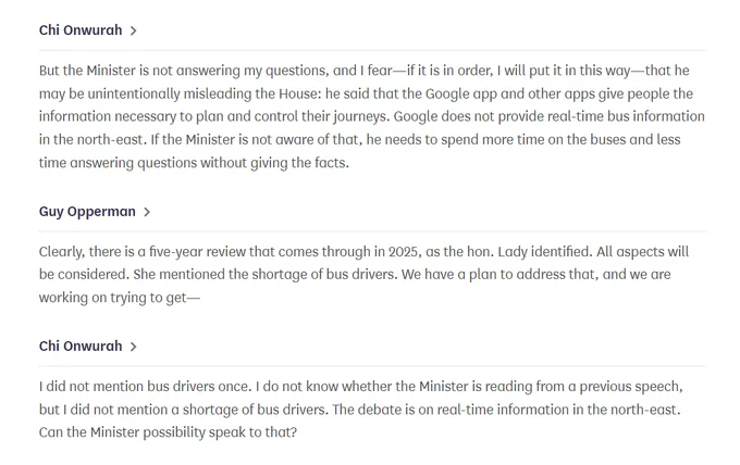 Extract from Real-Time Bus Information: North-East in which Chi Onwurah MP points out that roads minister Guy Opperman MP isn't answering her questions.