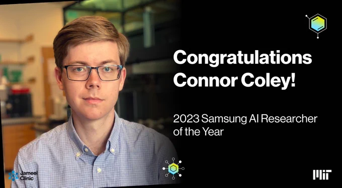 Graphic with headshot of Connor Coley overlaid with text that reads "Congratulations Connor Coley! 2023 Samsung AI Researcher of the Year"