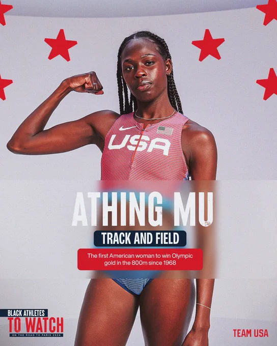 Graphic that pictures U.S. track and field athlete Athing Mu alongside the text “Black athletes to watch on the road to Paris 2024: Athing Mu - the first American woman to win Olympic gold in the 800m since 1968.”