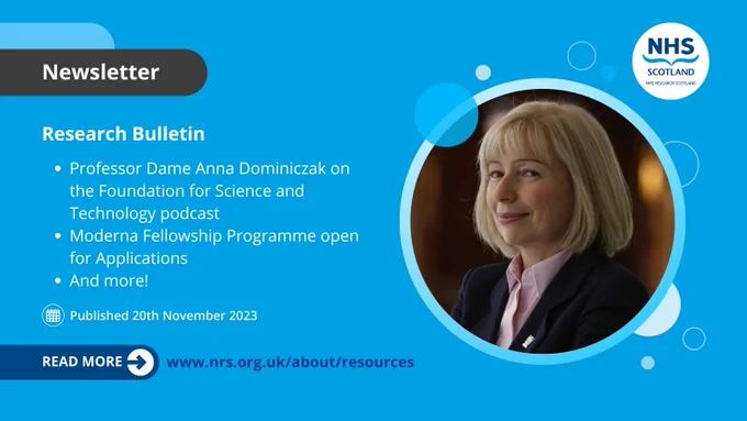 Professor Dame Anna Dominiczak, Chief Scientist (Health) of the Scottish Government, pictured alongside the text - "Research Bulletin"