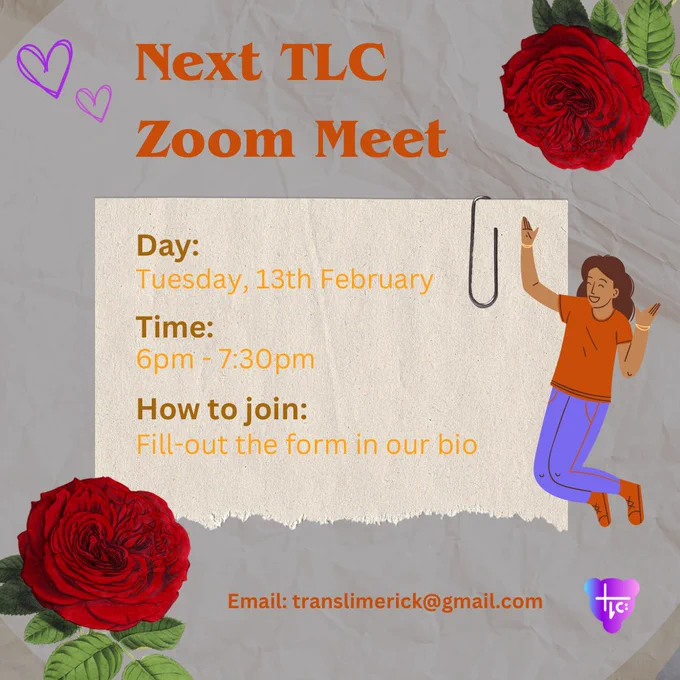 A yellowed-paper background. Large red text reads: 'Next TLC In Person Meet'. A light-yellow piece of notepaper with a paperclip and orange and brown text reads: “Day: Tuesday, 9th January. Time: 6pm to 7:30pm. How to join: Fill in the form in our bio.” Below the notepaper, red text reads - 'Email: translimerick@gmail.com'. In the bottom-right is the TLC logo. The corners of the image are decorated with red roses and purple hearts. There is a person jumping above the TLC logo, dressed in red and dark purple-ish blue.