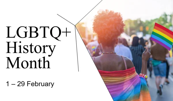 Graphic showing the back of a person wearing a rainbow shawl and small flag with the words 'LGBTQ  History Month'