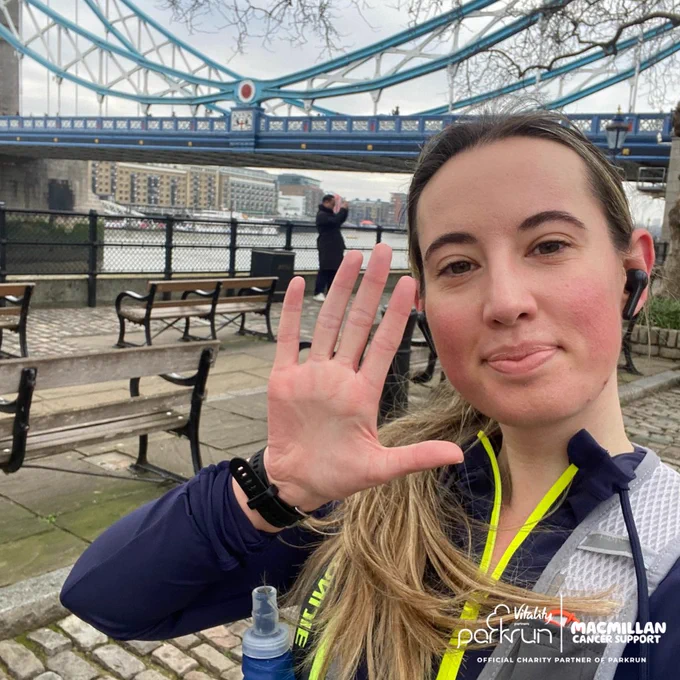 Image of a woman with her hand up for a high five in front of Tower Bridge