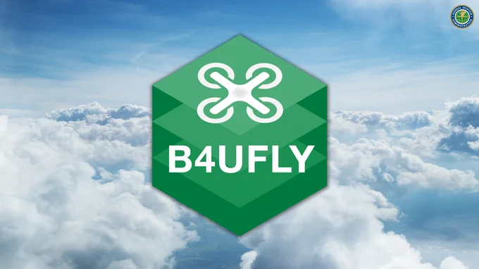 B4UFLY Logo in a green Hexagon and clouds in the background