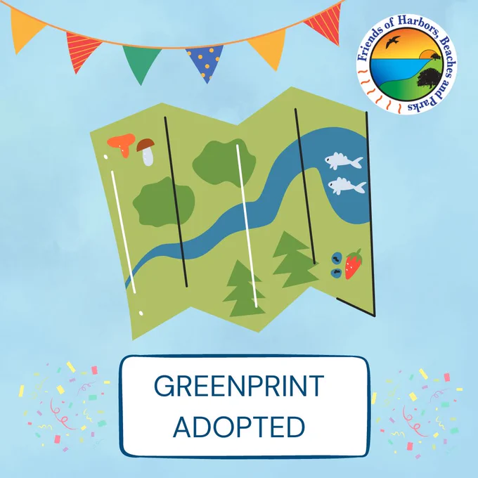 A graphic with the FHBP logo in the upper right. In the upper left is a "party themed banner." There is a map of greenspaces and a river in the center and the bottom has a "Greenprint Adopted" box with celebratory colorful streamers around it.