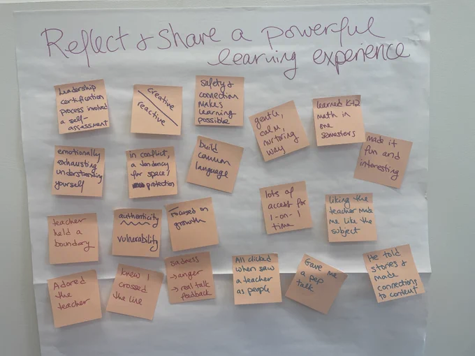 Flip chart paper with hand written header "reflect   share a powerful learning experience" covered in sticky notes with prompt responses