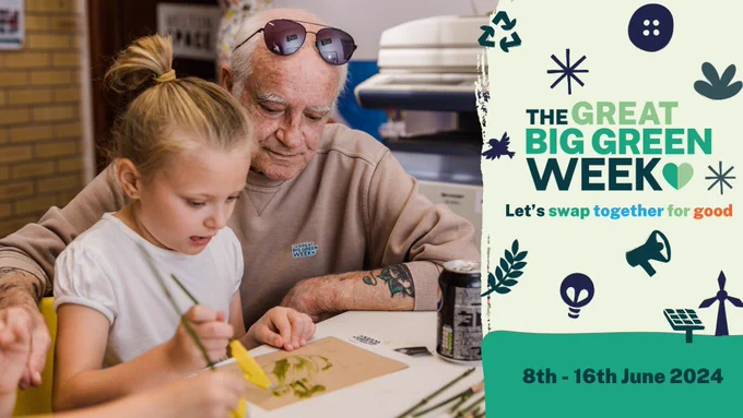 Image of a child drawing a picture with an older man looking over her shoulder, next to a green background with text that shows the Great Big Green Week logo and the words 'Let's swap together for good'